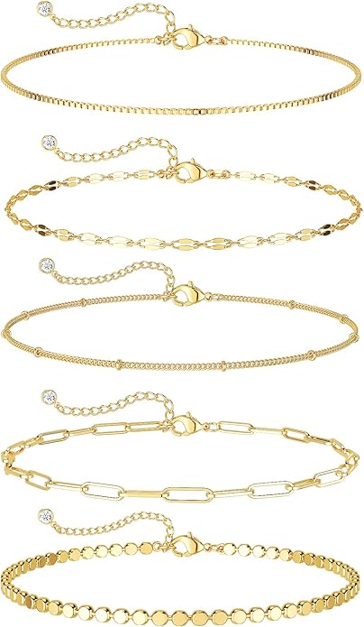 DEARMAY Dainty 14K Gold Plated Ankle Bracelets for Women, Waterproof 14K Gold Plated Link Chain Anklets Non Tarnish Set Pack Summer Beach Jewelry Gift