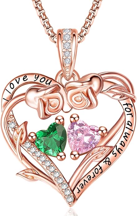 Rose Heart Necklaces for Women, Rose Gold Forever Love Jewelry with 2 Birthstones Pendant,Valentines Anniversarry Birthday Gifts for Her Wife Mom Grandma Daughter, 18+2 Inch Chain