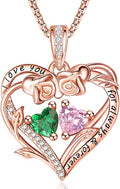 Rose Heart Necklaces for Women, Rose Gold Forever Love Jewelry with 2 Birthstones Pendant,Valentines Anniversarry Birthday Gifts for Her Wife Mom Grandma Daughter, 18+2 Inch Chain