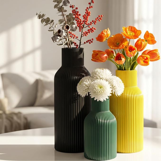 Colorful Ceramic Vases Set of 3, Smooth Vertical Ribbed, Minimalist - Image 3