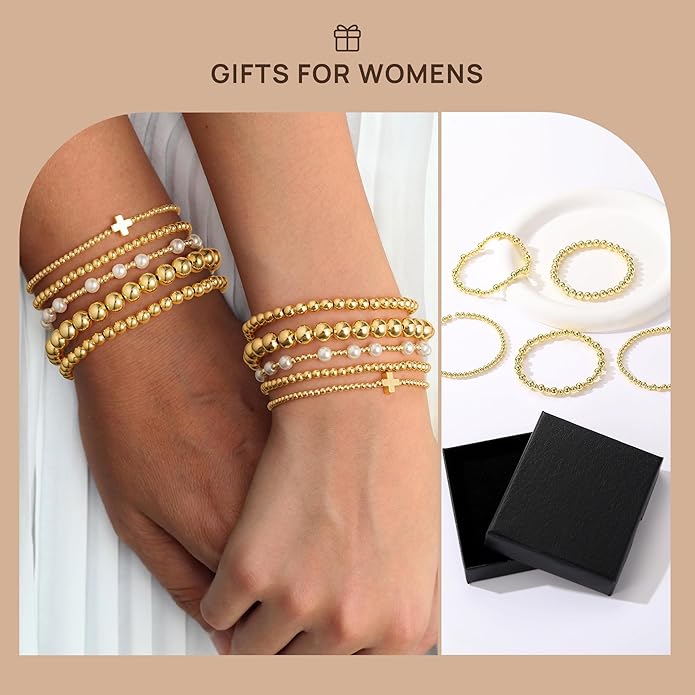 Yoosteel Valentines Day Gifts for Her Kids Teen Girl - 14K Gold Plated Dainty Round Beaded Ball Pearl Cross Bracelet Stack Set for Women Trendy Non Tarnish Teenage Girls Stackable Jewelry Gift