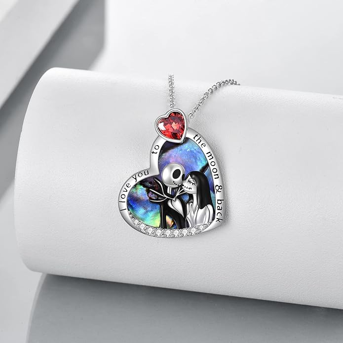 LILALO Nightmare Necklace Sterling Silver Abalone Shell Crystal Jack and Sally Necklace Jack Skellington Skull Jewelry Skull Necklaces for Women