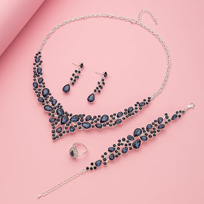 Crystal Bridal Wedding Jewelry Sets for Women Rhinestone Teardrop Crystal Statement Choker Necklace Drop Earrings Link Bracelets Rings Teardrop Jewelry Set for Brides Bridesmaids