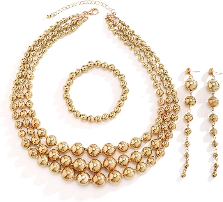 YBMYCM Gold-plated Beaded Jewelry Set Chunky Multi Strands Choker Necklace Bracelet Earrings Set for Women