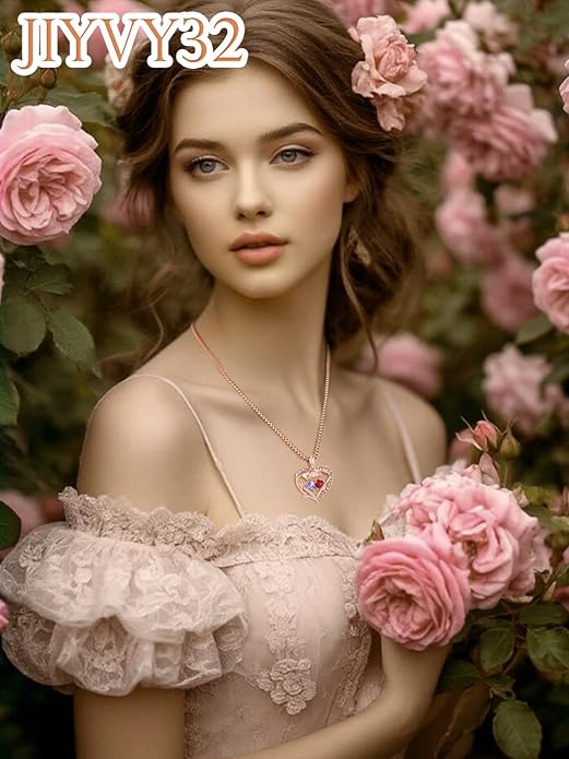 Rose Heart Necklaces for Women, Rose Gold Forever Love Jewelry with 2 Birthstones Pendant,Valentines Anniversarry Birthday Gifts for Her Wife Mom Grandma Daughter, 18+2 Inch Chain