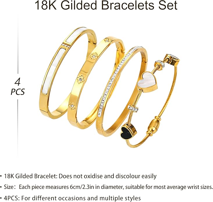 ZhiRui Women's 18K Gold Plated Stackable Bracelet Set - Waterproof Mother of Pearl Heart Cubic Zirconia Jewelry Gifts for Women