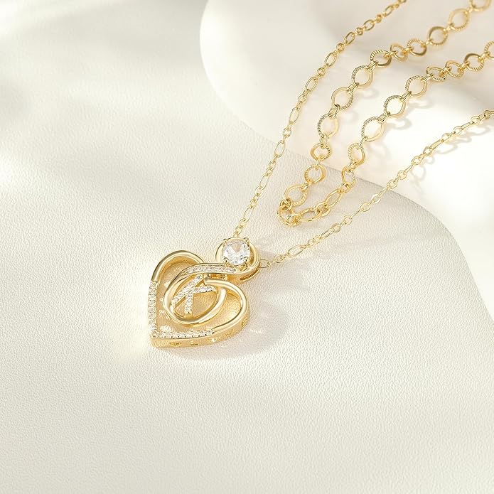 Heart Letter Necklaces for Women 14K Gold Plated Cubic Zirconia Heart Initial Layered Necklace Infinity Pendant Necklace Letter Initial Jewelry for Women