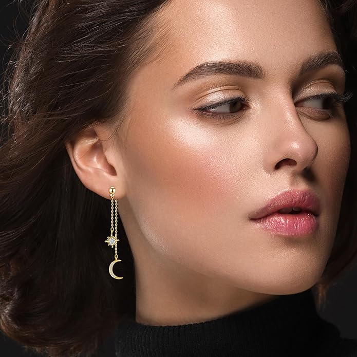 Moon and Star dangle Earrings for Women Chain Tassel with Cubic Zirconia Drop Celestial Jewelry for Wedding Gift