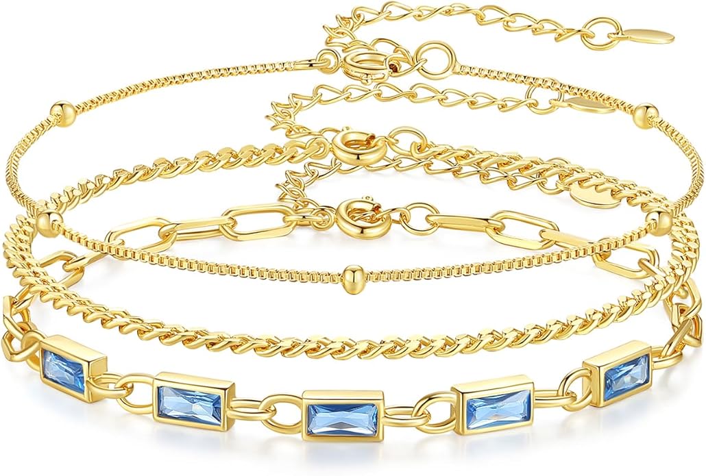 Gold Birthstone Bracelet for Women, 18K Gold Plated Layered Jewelry Bracelet Set, Womens Dainty Stackable Bracelets Link Paperclip Chain Valentines Day Gift for Wife Her