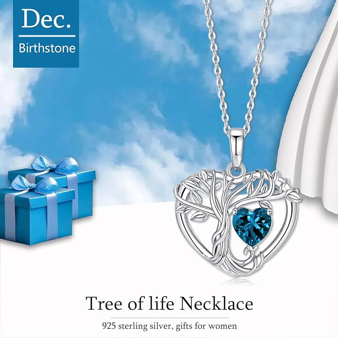 Tree of Life Necklaces for Women 925 Sterling Silver Heart Pendant Birthstone Necklace Created Gemstone Jewelry for Her, 18"+2"