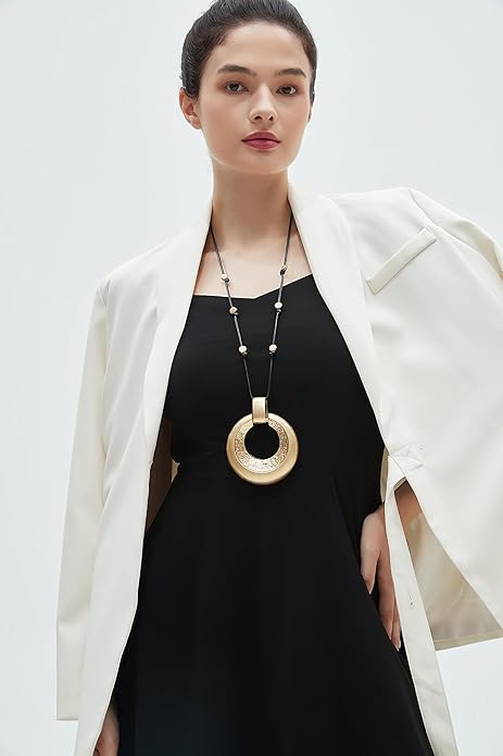 GelConnie Leather Necklace for Women Large Pendant Long Brown Necklace Circle Leather Choker Vintage Sweater Necklace Gold Chunky Boho Necklaces for Women