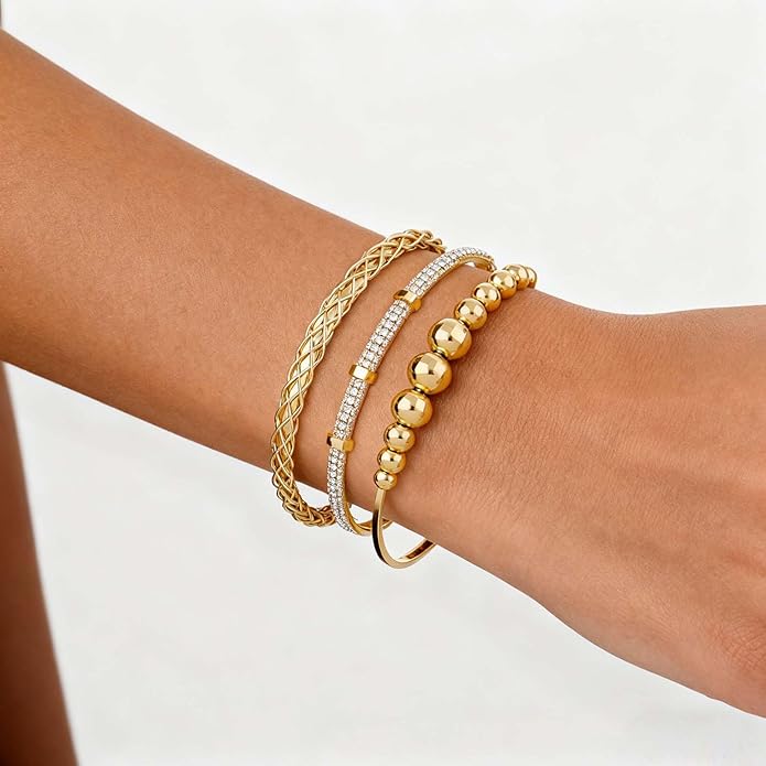 Gold Bracelets for Women, Gold Plated Chunky Cuff Matching Bracelets for Women Stack Adjustable Jewelry Sets for Gifts