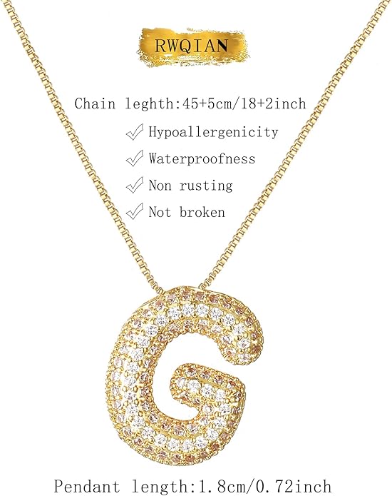 RWQIAN Letter Necklace for Women Bubble, Chunky Initial Alphabet A-Z Pendant Puffy Name Personalized Necklace Dainty Zircon CZ Fashion Jewelry Gifts for Girls Girlfriend