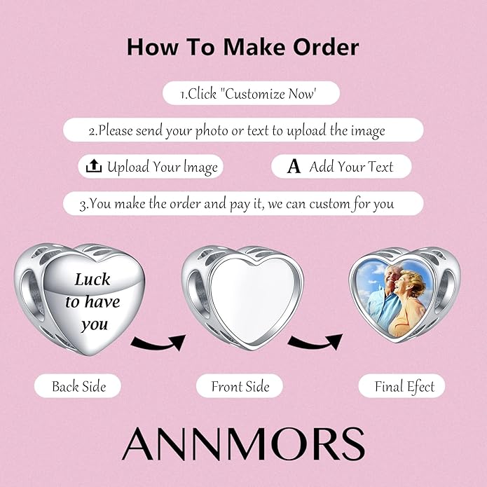 Annmors Personalized Photo Charms For Bracelets/Necklace 925 Sterling Silver Love Heart Shaped Engraved Customize Picture Gift for Birthday Mother's Day,Bead Charms Jewelry for Women