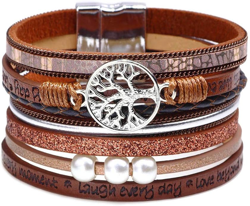 Fesciory Leopard Bracelet for Women, Boho Leather Wrap Multi-Layer Pearl Crystal Bracelet Bangle Jewelry