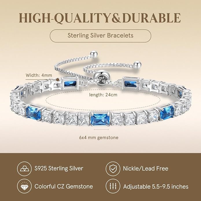 FANCIME Birthstone Bracelet for Women, Sterling Silver 4x6mm Gemstone Tennis Bracelet Bolo Adjustable Chain Fine Jewelry Birthday Gifts for Women Mom Wife Her