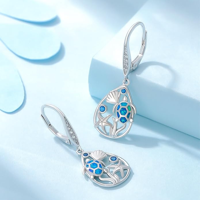Turtle Earrings for Women S925 Sterling Silver Hawaii Blue Opal Sea Starfish Dangle Earring Tortoise Drop Animal Statement Ocean Summer Beach Vacation Jewelry Mothers Day Christmas Gift