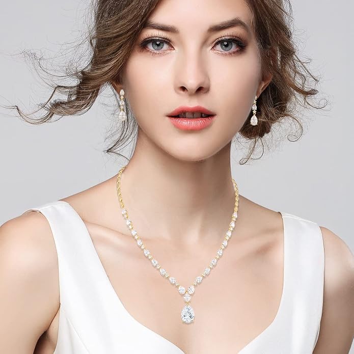 Bridal Wedding Jewelry CZ Set Marquise Teardrop Cubic Zirconia Pendant Necklace and Dangle Earring Bracelet Sets for Women