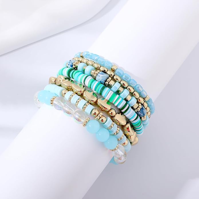 GOOJIDS Surfer Heishi Clay Bead Bracelets for Women Bohemian Stackable Gold Plated Beaded Stretch Bracelets Elastic Layering Friendship Bracelets Set Boho Jewelry