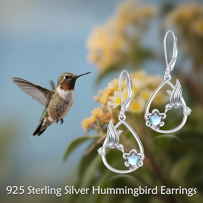 Hummingbird with Moonstone Dangle Earrings 925 Sterling Silver Hummingbird Leverback Earrings for Women