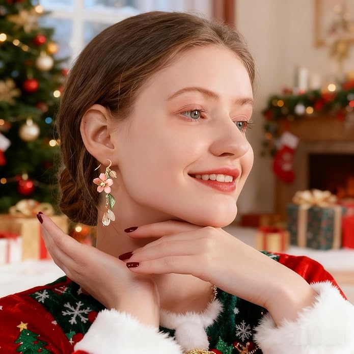 Kruckel Earrings for Women Trendy, Plum Blossom, Pink Flower Earring with Green Leaves, Sakura, New Year Earring Winter Jewelry, Fashion Design Cute Elegant with 925 Sterling Silver Post