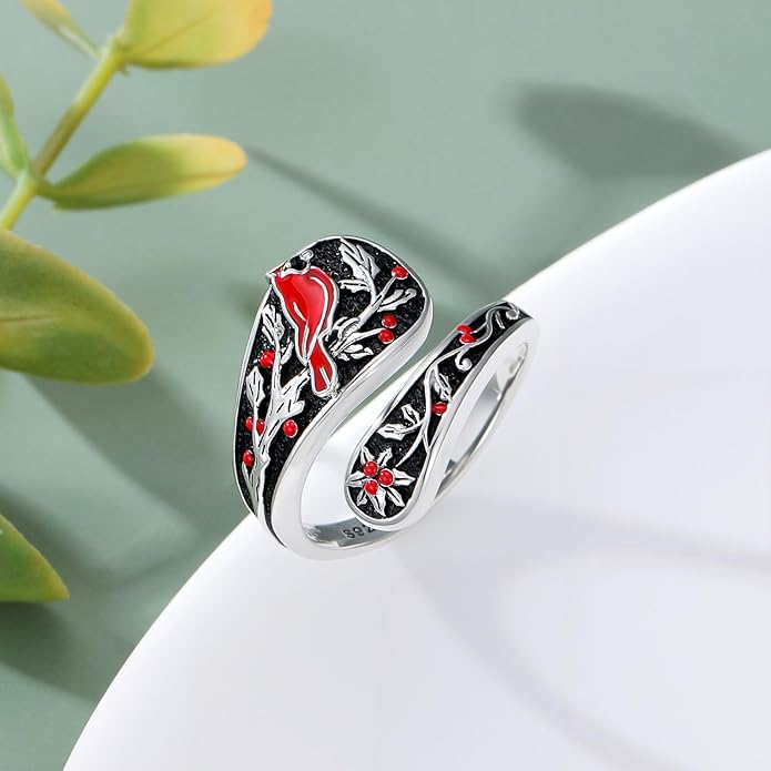 LOANGO Spoon Ring for Women 925 Sterling Silver Spoon Rings Adjustable Oxidized Vintage Thumb Rings Sunflower Hummingbird Butterfly Bee Cardinal Jewelry Gifts for Women Men