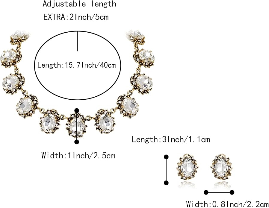 BriLove Victorian Style Statement Necklace Pierced Earrings Jewelry Set for Women Crystal Floral Cameo Inspired Oval Jewellery for Party Prom