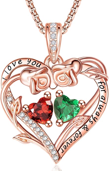 Rose Heart Necklaces for Women, Rose Gold Forever Love Jewelry with 2 Birthstones Pendant,Valentines Anniversarry Birthday Gifts for Her Wife Mom Grandma Daughter, 18+2 Inch Chain