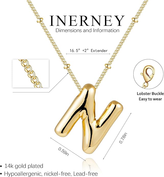 Inerney Valentines Day Gifts Gold Bubble Letter Necklace Initial Necklaces for Women, Chunky 14K Plated Balloon Initials, Trendy Charm Non Tarnish Custom Name Pendant Jewelry Gifts for Mom