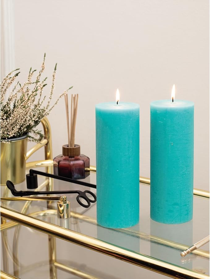 Turquoise Pillar Candles 3x8 Inch – Set of 2 Unscented Dripless Large Candles - Image 6