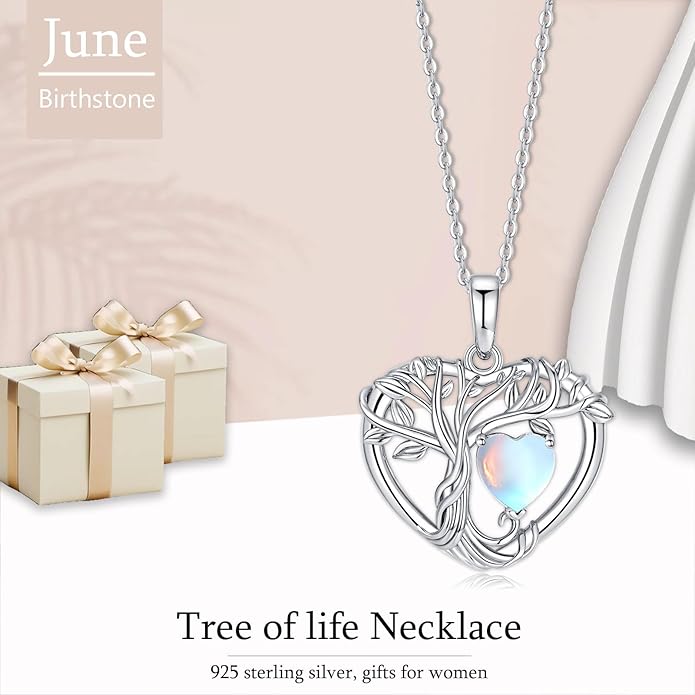 Tree of Life Necklaces for Women 925 Sterling Silver Heart Pendant Birthstone Necklace Created Gemstone Jewelry for Her, 18"+2"
