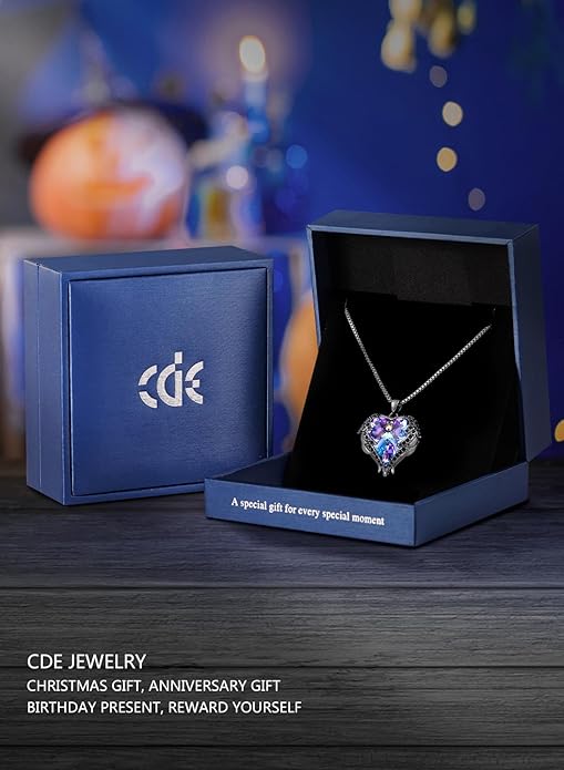 CDE Valentines Day Gifts for Women Angel Wings Necklace for Women with Birthstone, Love Heart Silver Tone/Gold Tone Pendant, Ideal Anniversary or Birthday Jewelry Gifts for Wife Girlfriend Her