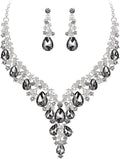 BriLove Women's Wedding Bridal Austrian Crystal Teardrop Flower Cluster Statement Necklace Dangle Earrings Jewelry Set for Party Prom