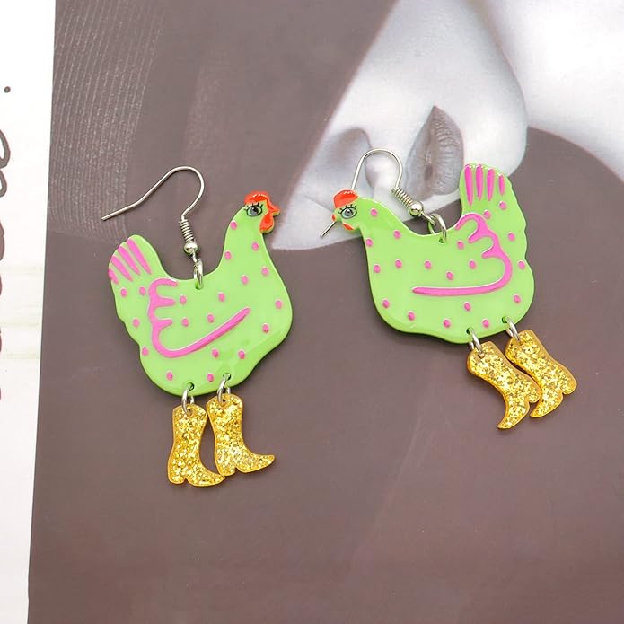 Acrylic Boot Big Chicken Earrings,Funny Colorful Boots Chicken Drop Dangle Earrings,Cock Hen Foot Chicken Earrings for Women Farm Design Lovely Gift