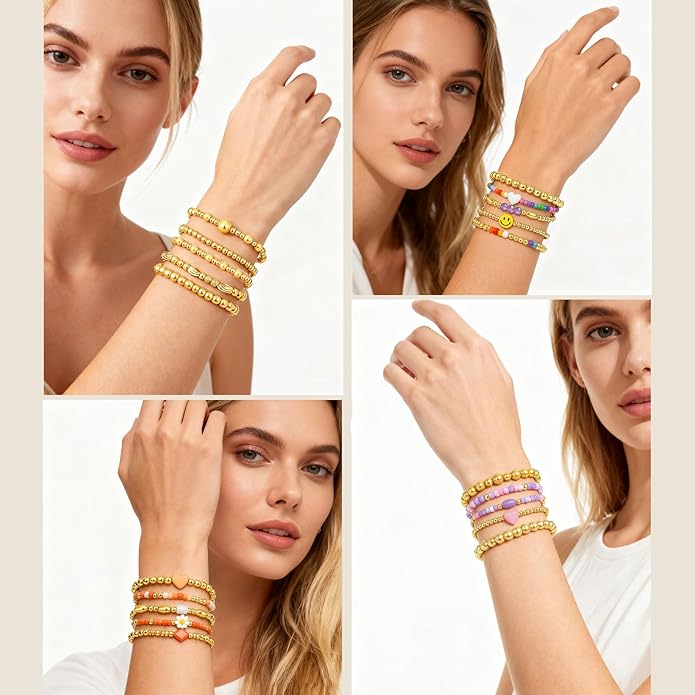 Gold Bracelets for Women Waterproof, 14K Gold Plated Beaded Cross Bracelets Set,Boho Stretch Bracelets Stackable Jewelry for Women Teenage Girls Jewelry Christmas Gifts