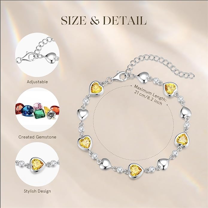 Carleen Birthstone Bracelets for Women 925 Sterling Silver Five Heart Station Created Gemstone Tennis Bracelet Jewelry Anniversary Birthday for Wife, 7"+1.2" Extender