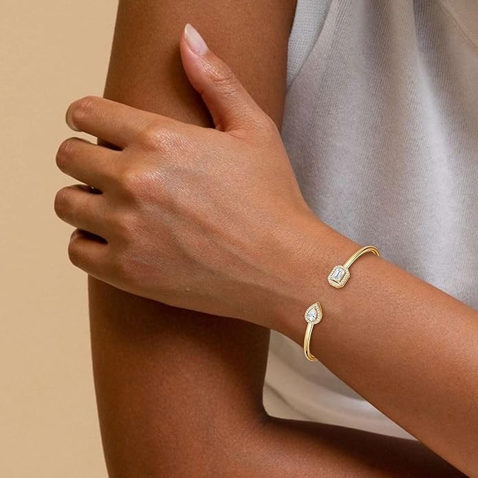 Moissanite Cuff Bangle for Women, D Color 4x6mm Emerald & Pear Moissanite, 925 Sterling Silver Dainty Bridal Cuff Bracelet, Fashion Wedding Jewelry for Her (Gold)