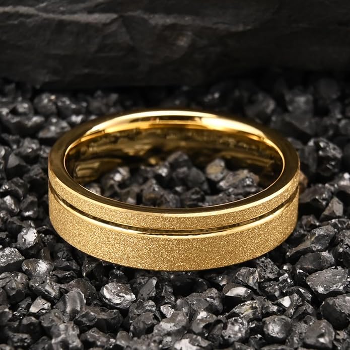 Golden Tungsten Carbide Ring for Men Women 8mm/6mm Sandblasted Inlaid Groove Men's Engagement Wedding Bands Fashionable and Luxurious