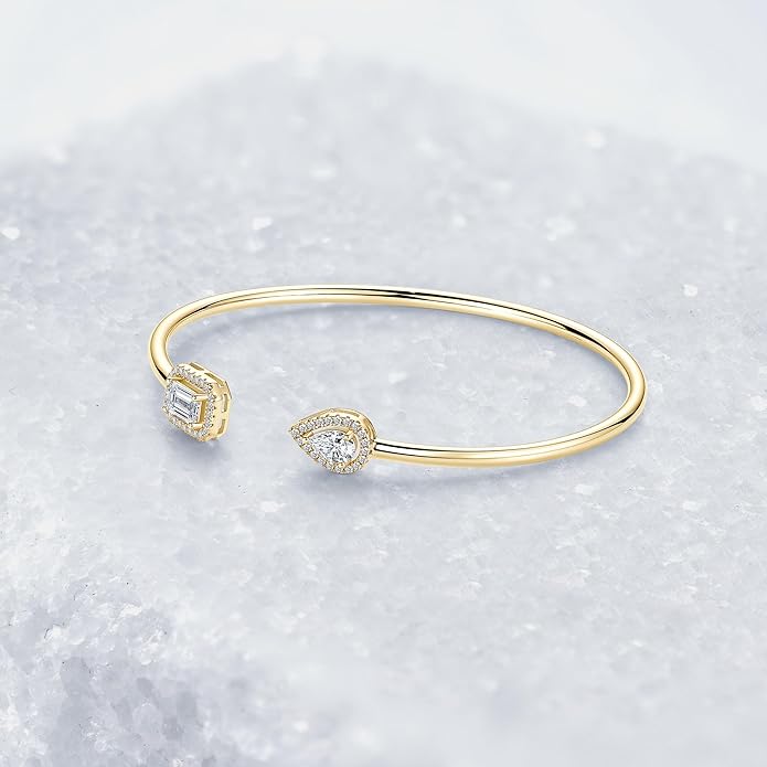Moissanite Cuff Bangle for Women, D Color 4x6mm Emerald & Pear Moissanite, 925 Sterling Silver Dainty Bridal Cuff Bracelet, Fashion Wedding Jewelry for Her (Gold)