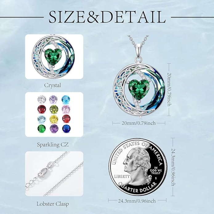 Valentines Day Gifts for Women, Birthstone Necklace for Women, Celtic Moon Pendant Blue Crystal Necklace Heart Jewelry Anniversary Jewelry Gift for Daughter Wife Mother Sister