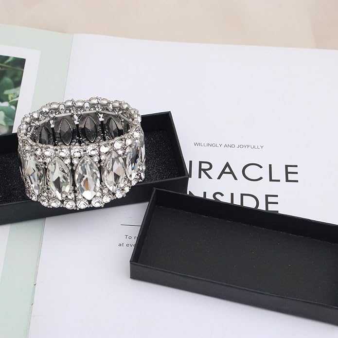 Women’s Elegant Wedding Bridal Crystal Double Row Marquise-Shape Leaf Stretch Bangle Bracelet Bride Jewelry for Women