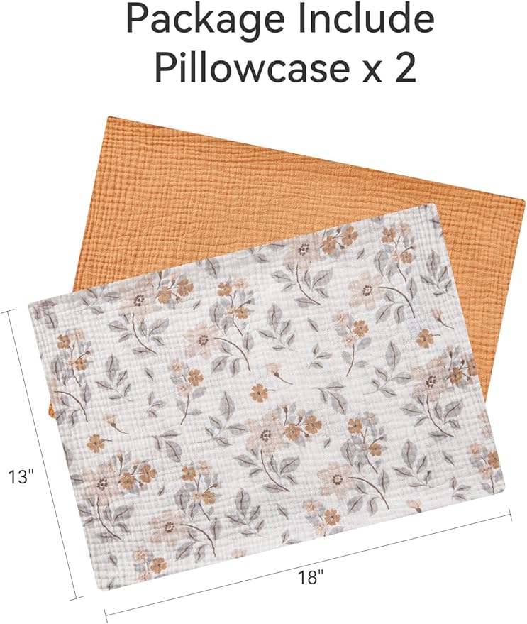 TILLYOU Muslin Toddler Pillowcase 2 Pack, 13x18 Soft Travel Cotton Pillow Case Kids for Boys and Girls, Yellow Flower
