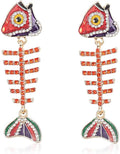 Creative Exaggerated Long Colorful Sparkly Crystal Fish Bone Dangle Drop Earrings Vintage Gold Cute Enamel Diamond Animal metal Stud Earrings