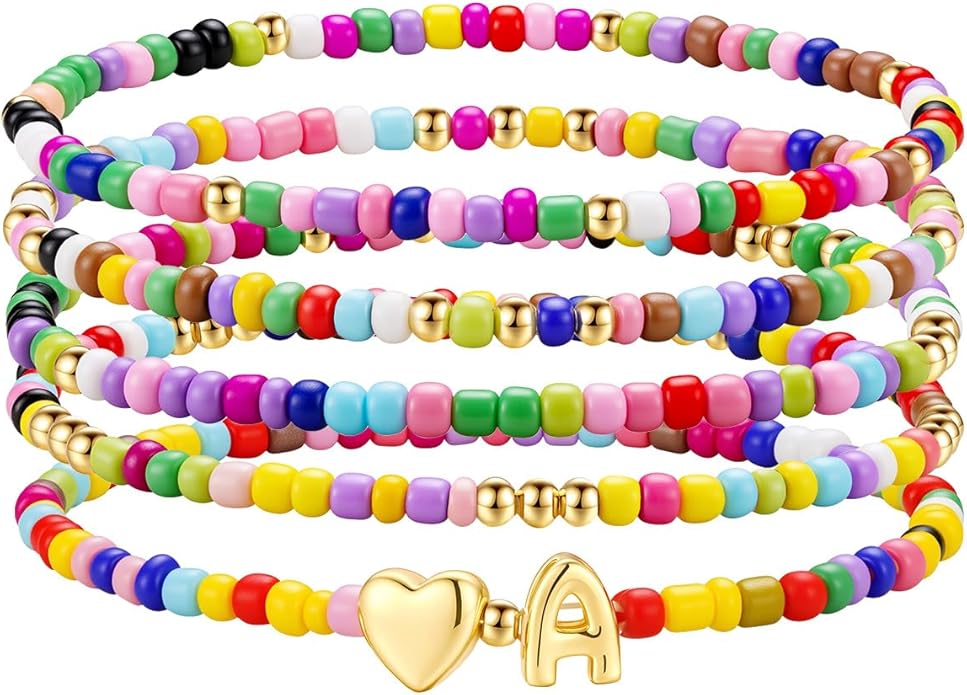 M MOOHAM Valentines Gifts for Kids - 5PCS Colorful Beaded Initial Bracelets for Girls Women Cute Stretch Heart Letter Bracelet Initial Stackable Bracelet Birthday Gift Jewelry for Kids Teen Girl