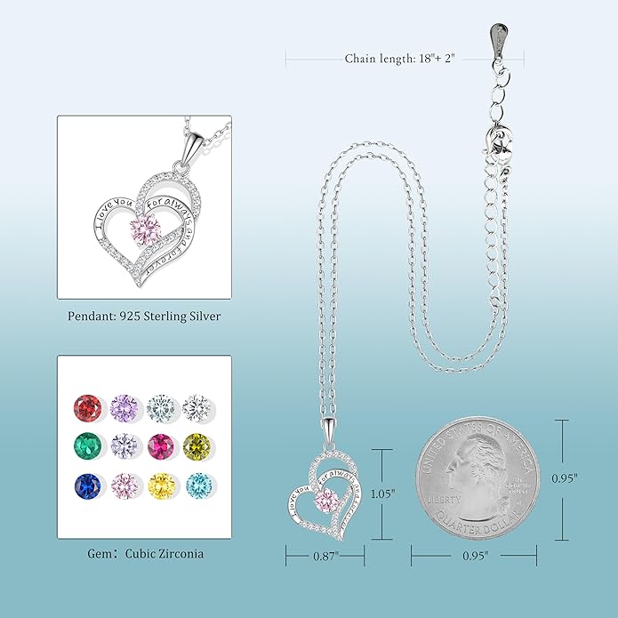 Birthday Gifts Double Heart Birthstone Necklace for Women, S925 Sterling Silver Pendant Necklace Jewelry for Her Mother Mom Wife Girlfriend
