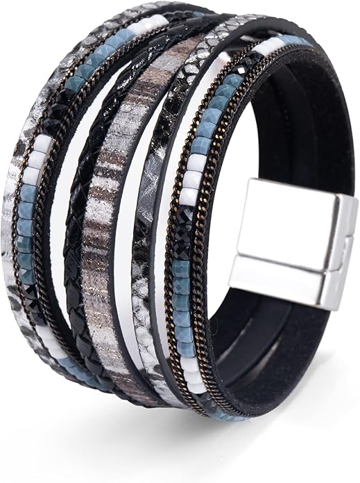 Wrapped Bracelets for Women,Leather Bracelet,Boho Bracelets for Women,Multi-Layer Pearl Crystal Bracelet Bangle Jewelry
