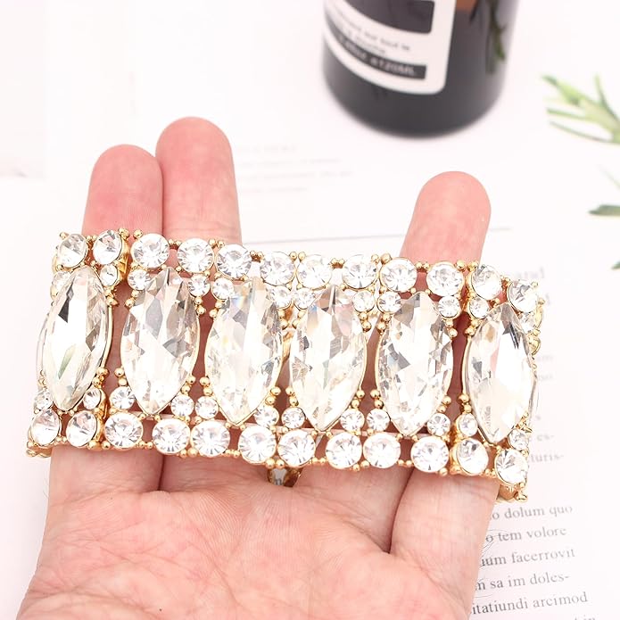 Women’s Elegant Wedding Bridal Crystal Double Row Marquise-Shape Leaf Stretch Bangle Bracelet Bride Jewelry for Women