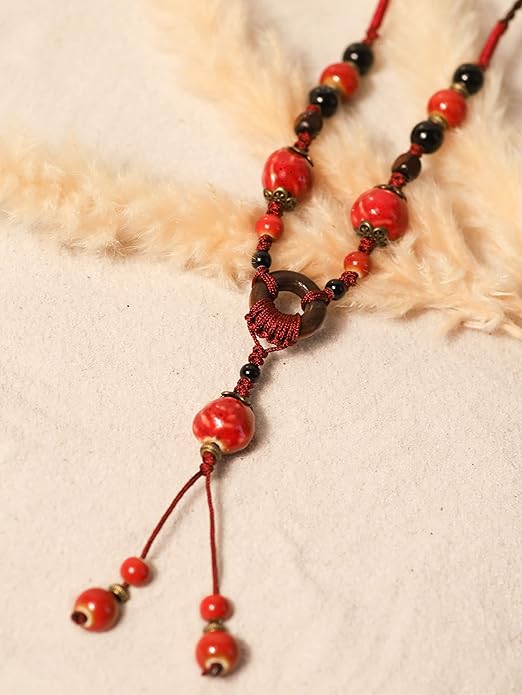 MINACHI Boho Hippie Colorful Ceramic Beads Strand O Ring Circle Charm Long Y Necklace, Vintage Bohemian Statement Jewelry Gift for Women