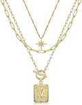MJartoria Layered Initial Necklaces for Women Trendy, 14K Gold Plated Brass Simple Star Choker Square Letter Pendant Necklace, Paperclip Chain Necklaces Jewelry Gifts