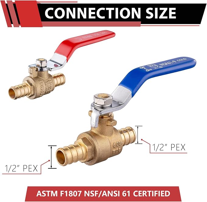 6-Pack 1/2" PEX Brass Ball Valve, Barb Crimp Pex Connection | Full Port Water - Image 2